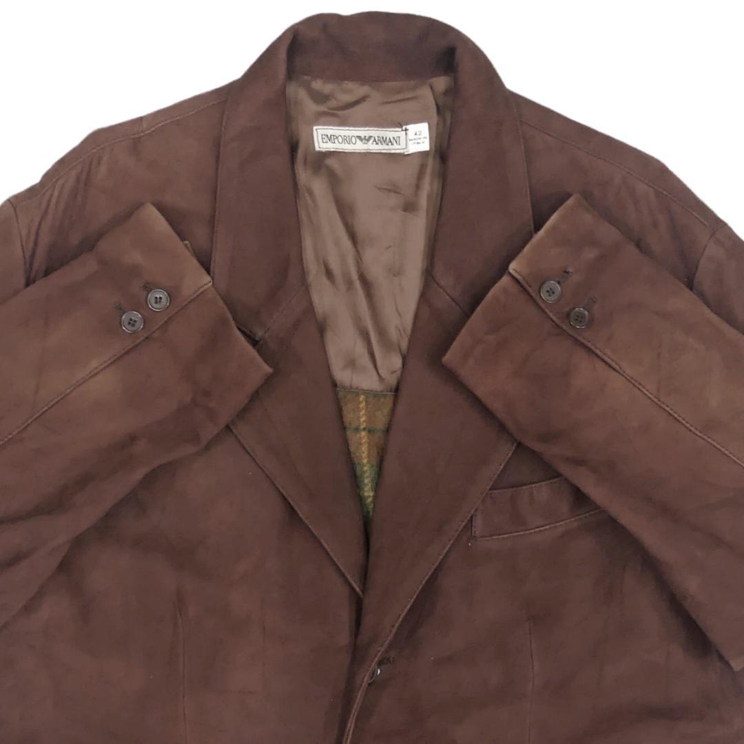 即決★イタリア製 EMPORIO ARMANI★メンズXL位 レザーテーラードジャケット 42 茶 ヌバック 本革 ブレザー 本皮 スーツ 革ジャン 背広
