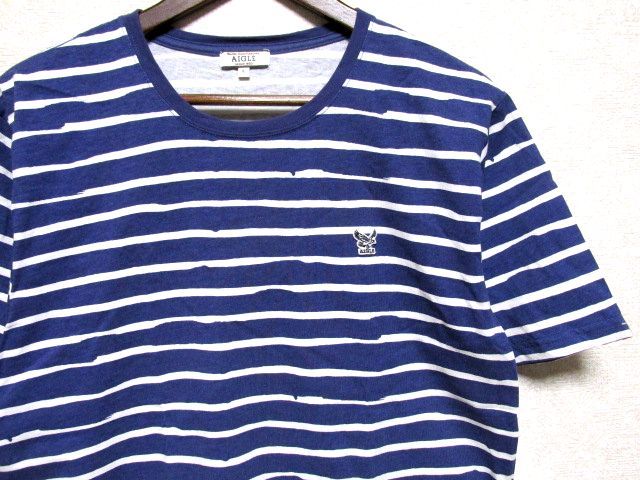 ★美品★AIGLE エーグル 半袖 ボーダー Tシャツ L★ネイビー×ホワイト クルーネック ロゴパッチ付き アウトドア 夏物 トップス 状態良好_画像3