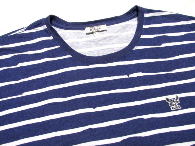 ★美品★AIGLE エーグル 半袖 ボーダー Tシャツ L★ネイビー×ホワイト クルーネック ロゴパッチ付き アウトドア 夏物 トップス 状態良好_画像5