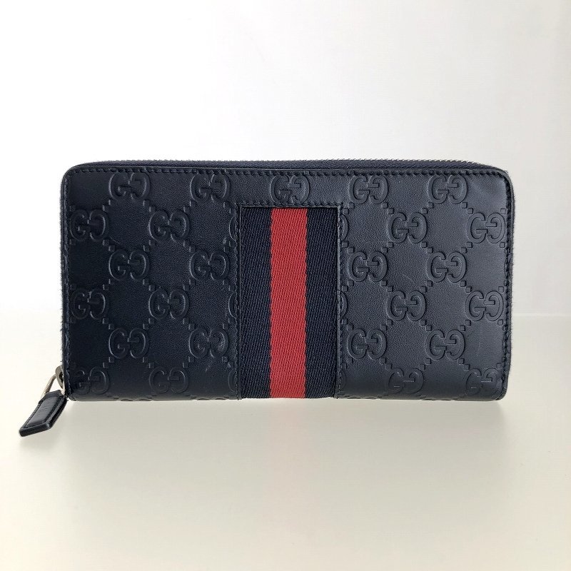 極美品 GUCCI グッチ シェリーライン ラウンドファスナー長財布 408831 ネイビー シマレザー GG メンズ レディースジッピーウォレット