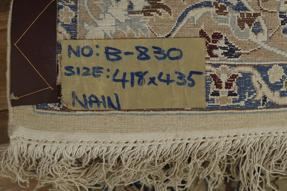 特大 大判 ペルシャ絨毯 ナイン産 418cm×435cm メダリオン ウール 手織り カーペット ラグ_画像2