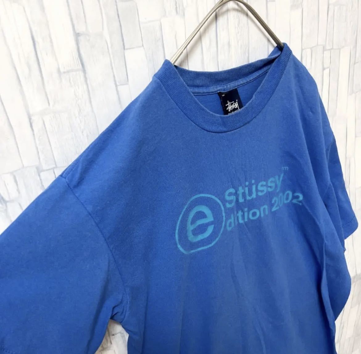 old stussy オールド ステューシー 90s 90年代 ブルー 半袖 Tシャツ ビッグロゴ デカロゴ ビッグプリント サイズM USA製  紺タグ 送料無料
