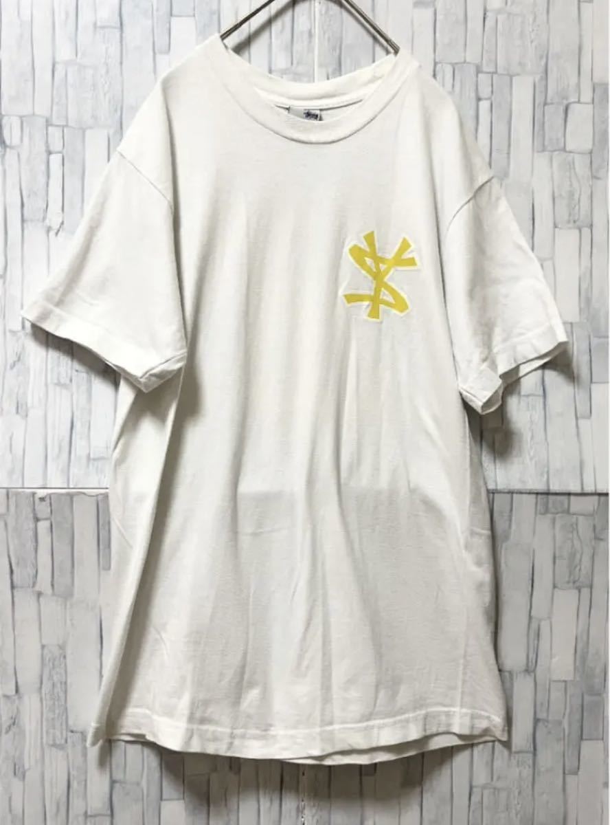 old stussy オールド ステューシー 00s 2000年代 ホワイト 半袖 Tシャツ ビッグロゴ デカロゴ ビッグプリント サイズL USA製 銀タグ