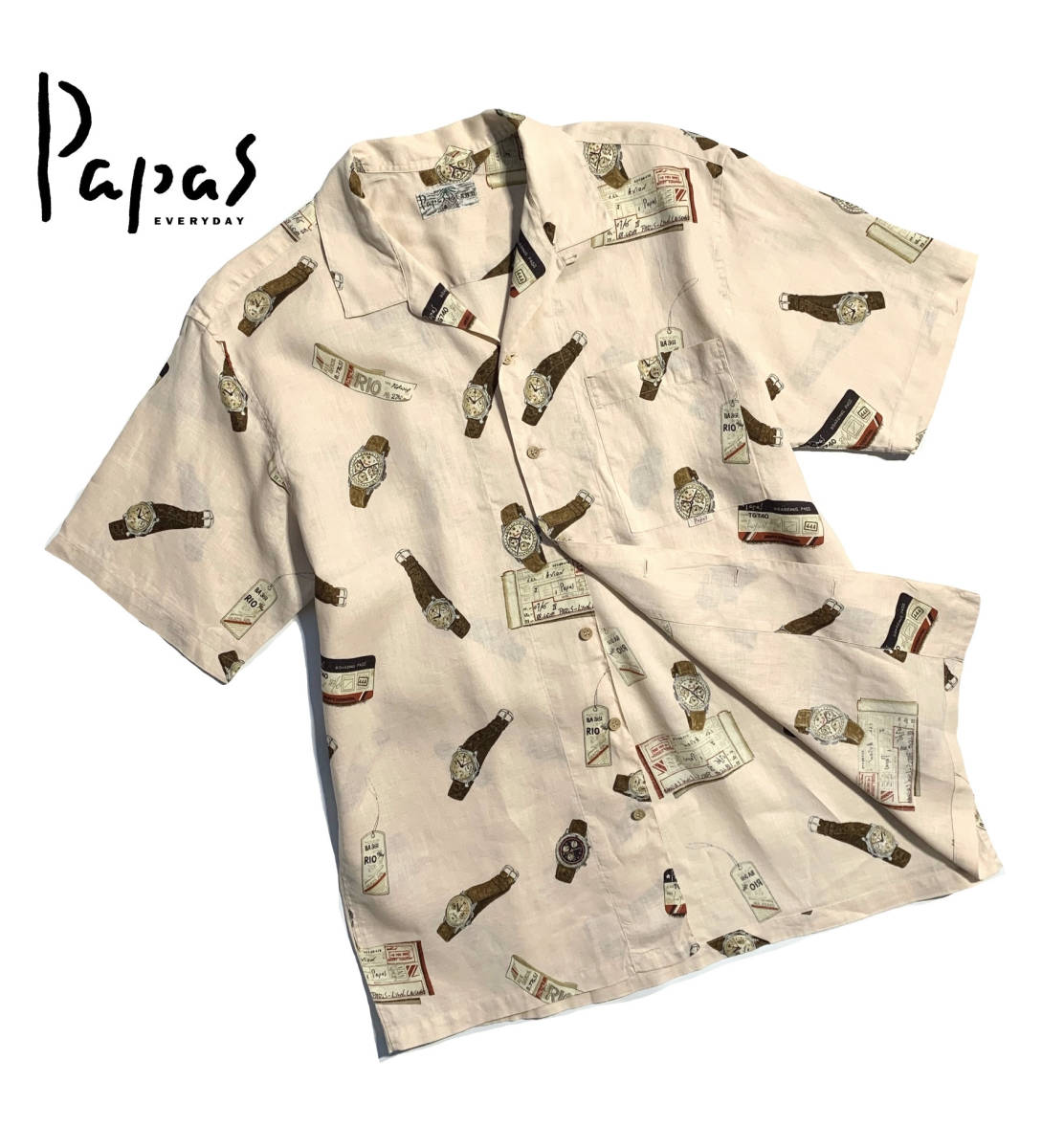 最高級【定価2.7万】Papas パパス 総柄 半袖シャツ L (50) リネン 時計