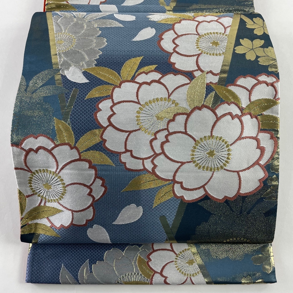 袋帯 美品 秀品 振袖向き 花浪漫 桜 金銀糸 箔 青灰色 六通 正絹