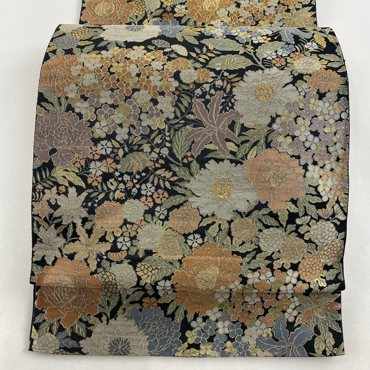 ブティック 袋帯 美品 逸品 落款あり 服部織物 波 金糸 箔 黒 六通