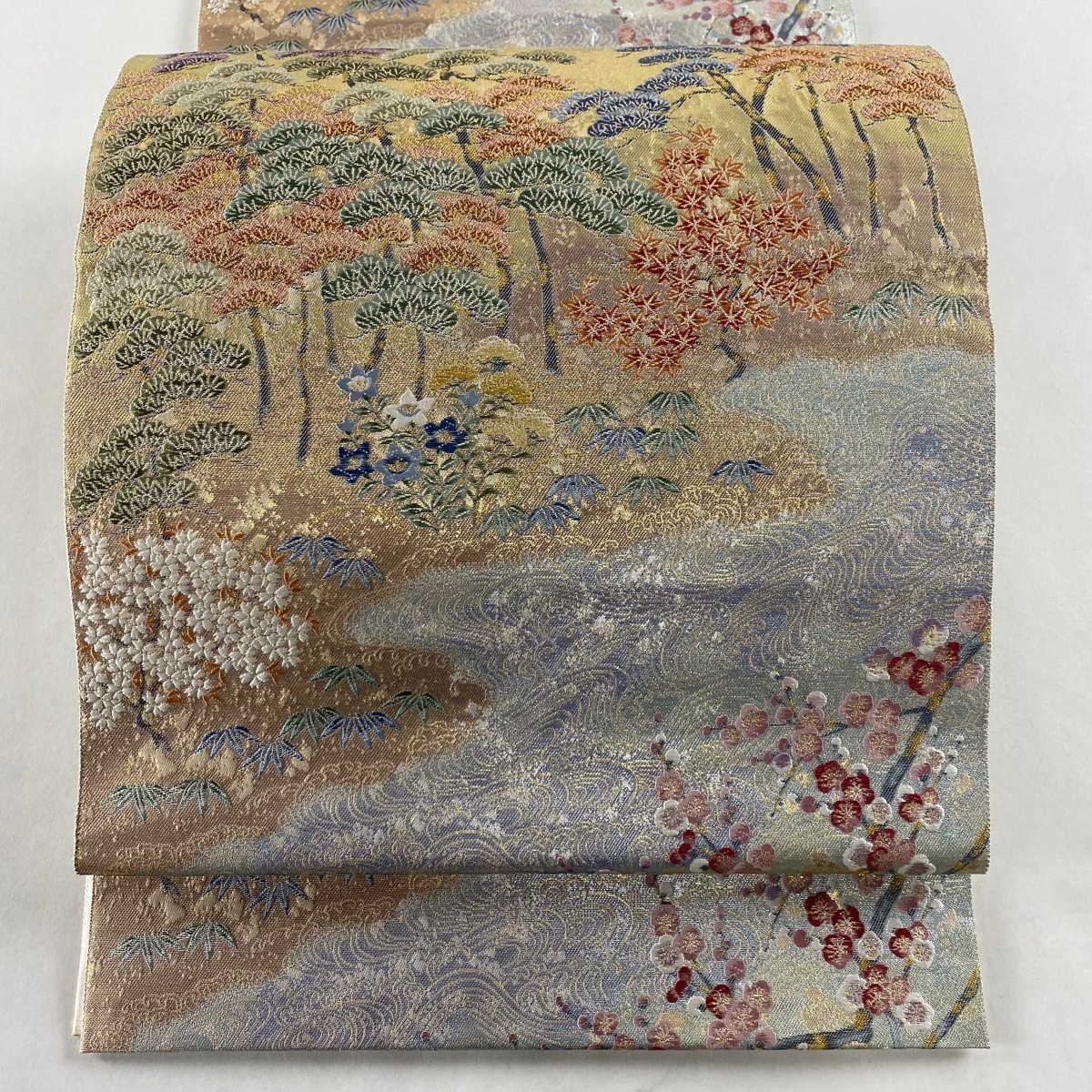 袋帯 美品 名品 落款 長嶋成織物 池畔の譜 松竹梅 箔 唐織 銀色 六通