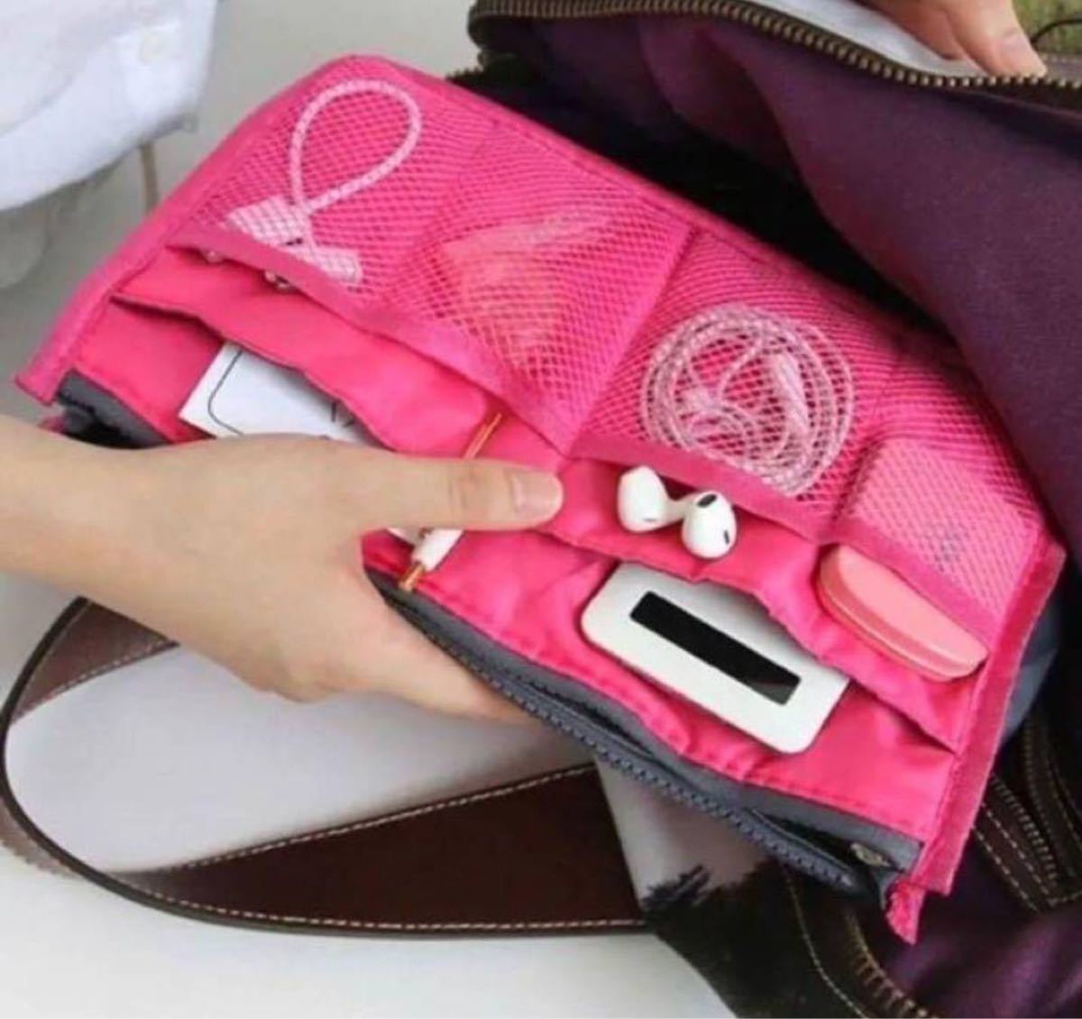 バッグインバッグ 収納 整理整頓  ポケット  携帯収納  ボタン付き　ピンク