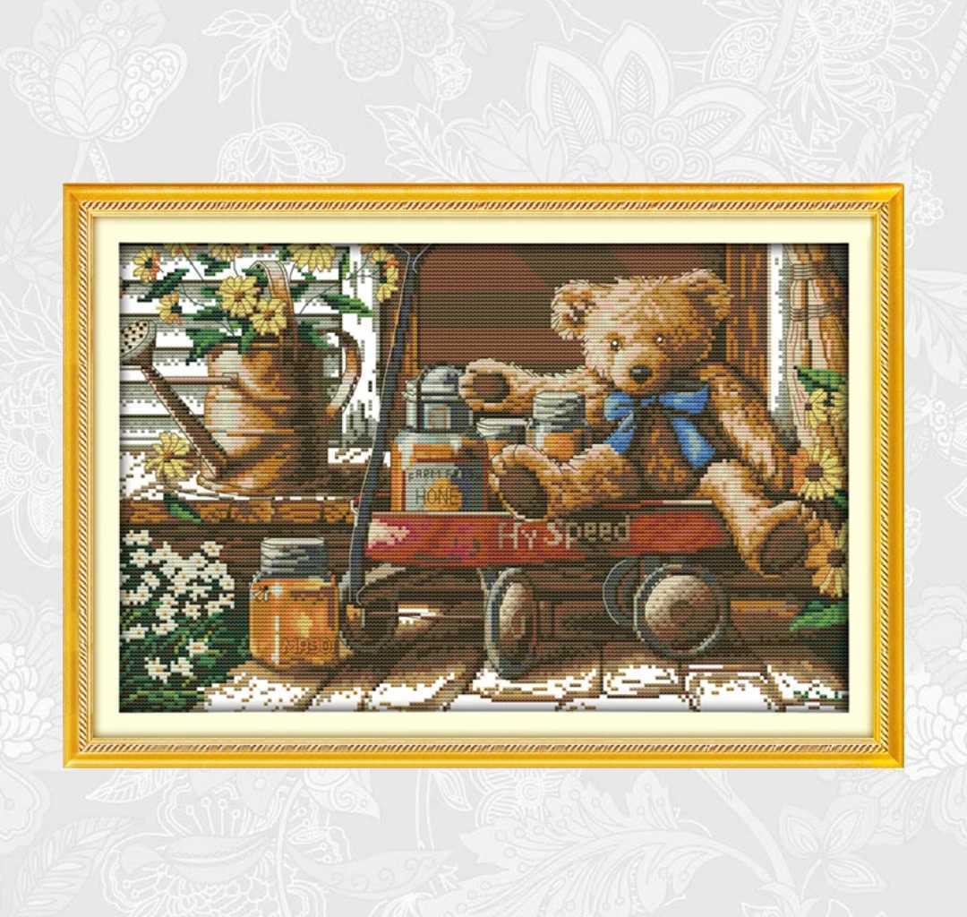 クロスステッチキット 蜂蜜くまさん 14CT 44×30cm 刺繍 熊 クマ 図案印刷あり