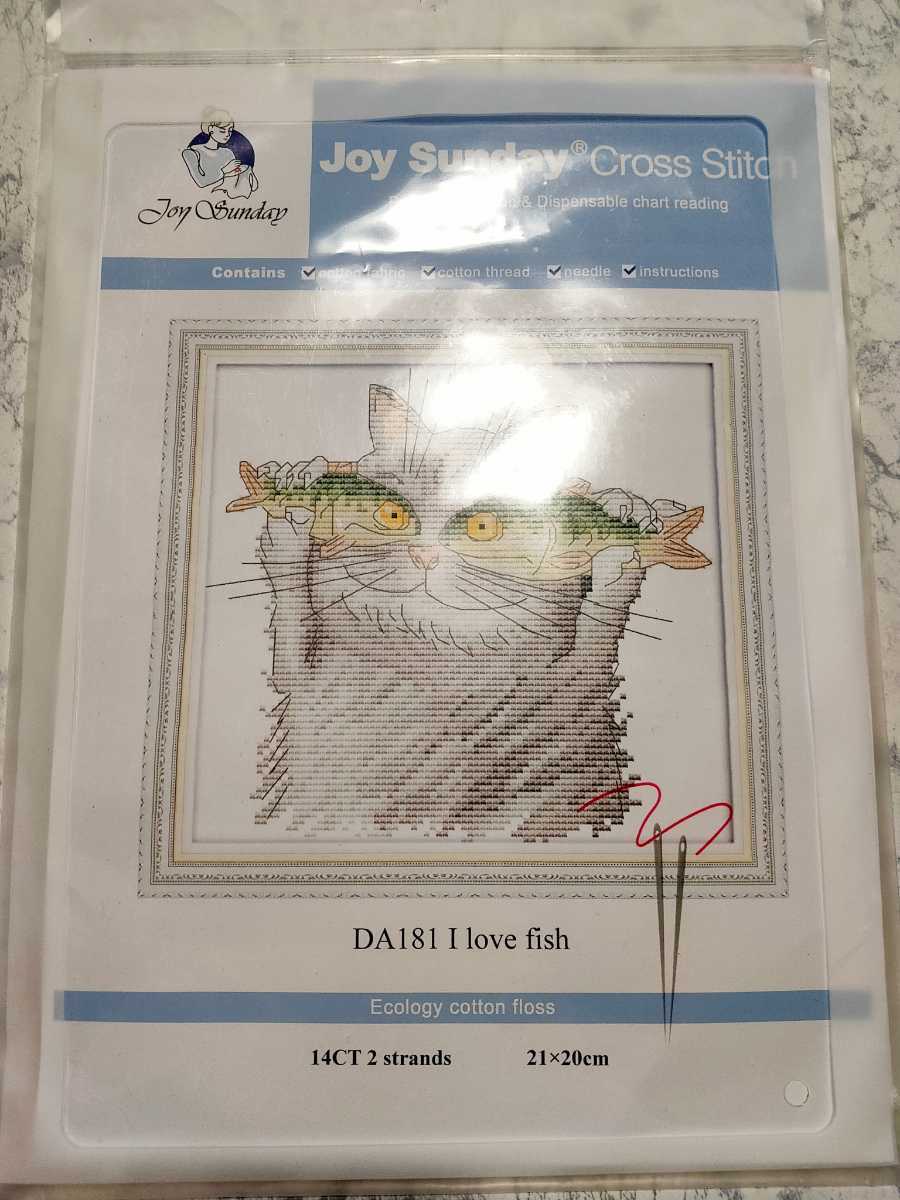 クロスステッチキット お魚大好き猫 14CT 21×20cm 図案印刷あり 刺繍