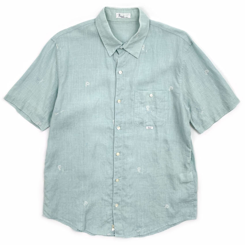 Papas パパス 刺繍総柄 麻100% リネン 半袖シャツ M 水色 日本製