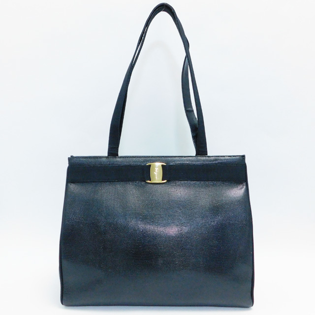 極美品Ferragamoフェラガモ トートバッグ リザード型押し ヴァラ 黒×金