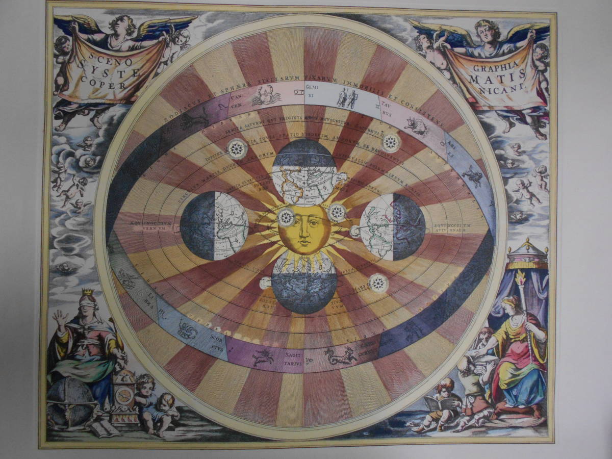 アンティーク、天球図、天文暦学書、1661年復刻版『セラリウス星図 地球位相図』手彩色銅版画、Star map, Planisphere, Celestial atlas - 天文、宇宙 アンティーク、天球図、天文暦学書、1661年復刻版『セラリウス星図 地球位相図』手彩色銅版画、Star map, Planisphere, Celestial atlas - 天文、宇宙