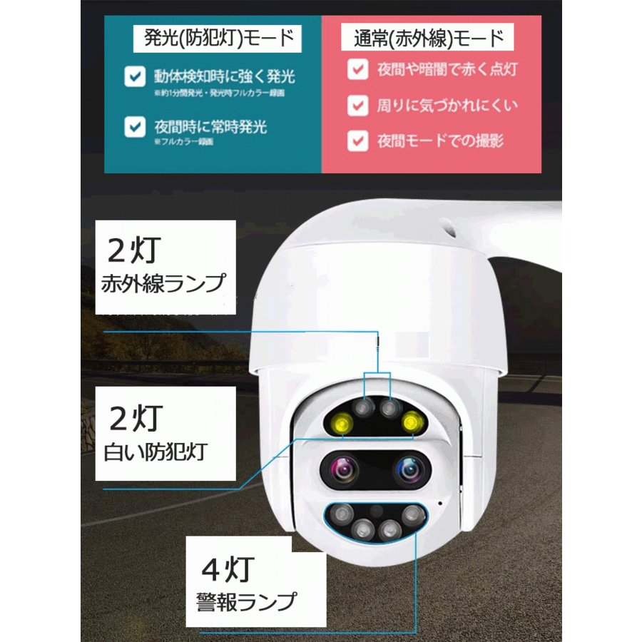 防犯カメラ 2眼レンズ　監視カメラ wifi 家庭用 パンチルト 自動追跡 警報ランプ付き　連続録画機能 265万画素 ネットワークカメラ