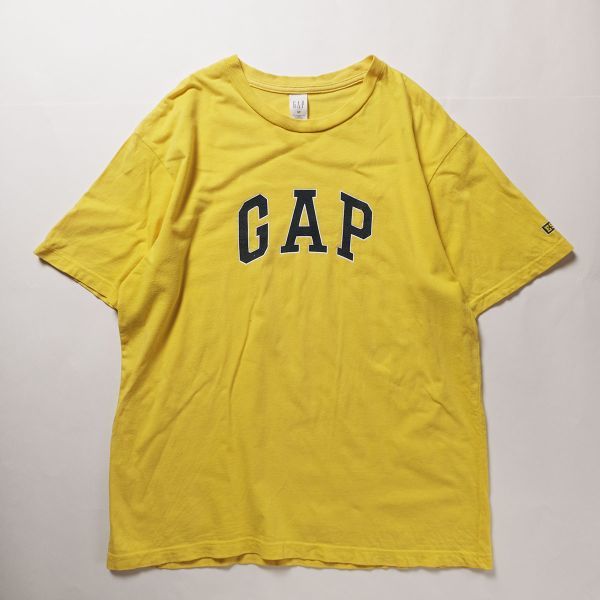 90's ギャップ GAP ビッグロゴ プリント クルーネック コットン Tシャツ 黄色 (S) 袖プリント 90年代 旧タグ オールド_画像2