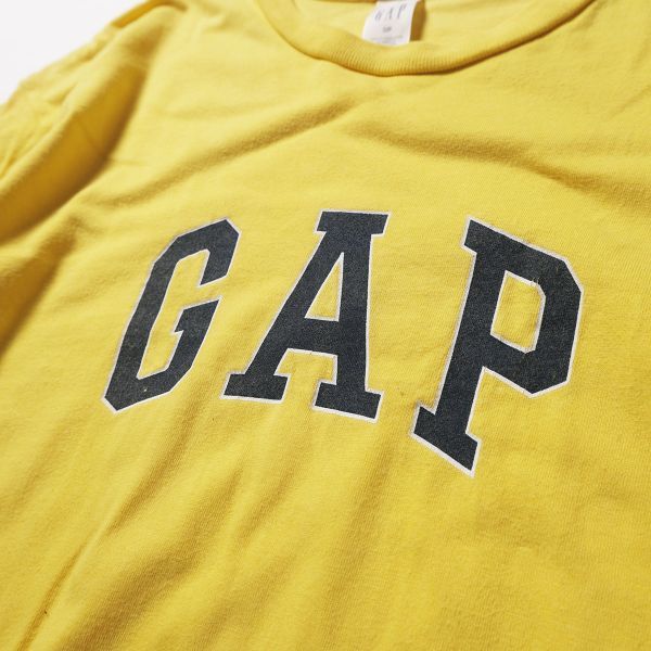 90's ギャップ GAP ビッグロゴ プリント クルーネック コットン Tシャツ 黄色 (S) 袖プリント 90年代 旧タグ オールド_画像6