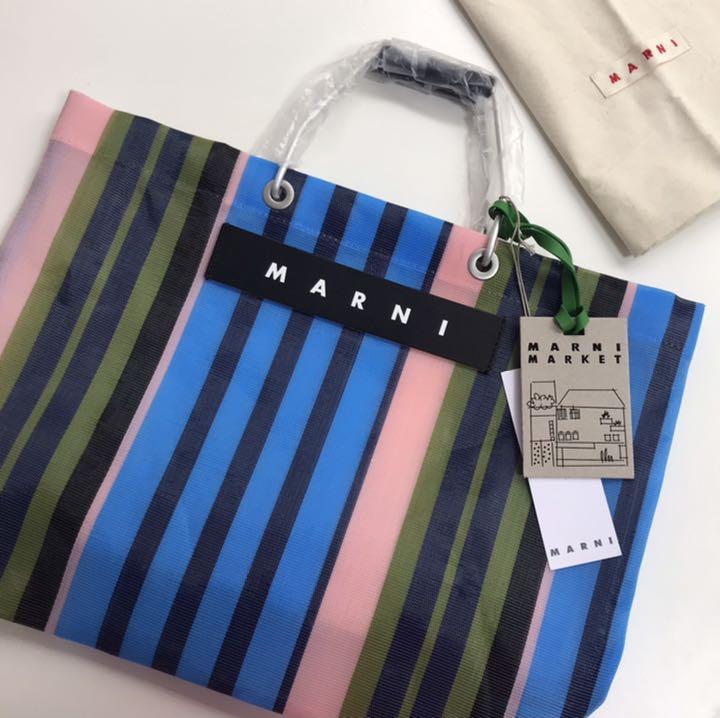 MARNI マルニフラワーカフェ ストライプバッグ トートバッグ ブルー