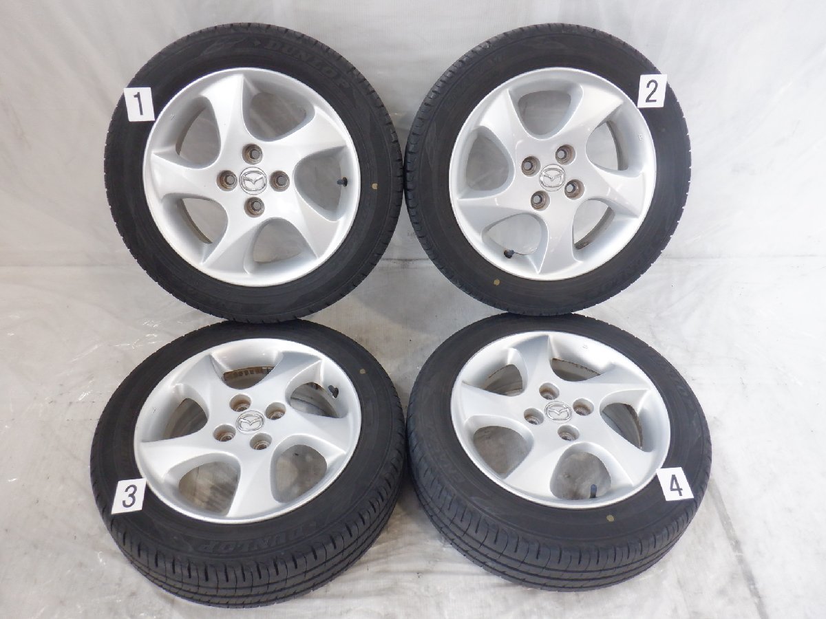 ☆山あり デミオ☆ 4H 100 6J +45 15インチ MAZDA マツダ純正 アルミホイール タイヤ 185/55R15（DUNLOP）4本_画像1