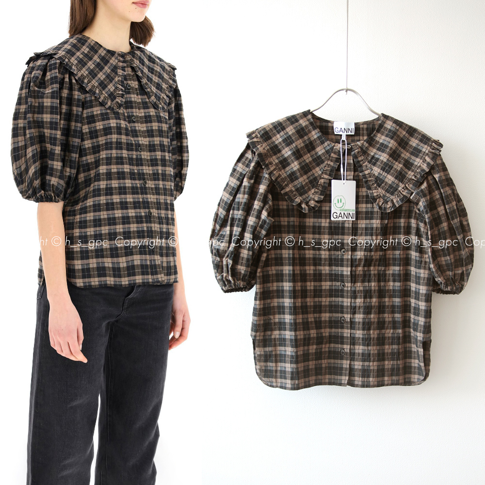 新品 GANNI フリル ビッグカラー チェック パフスリーブ 新品 GANNI フリル ビッグカラー チェック パフスリーブ
