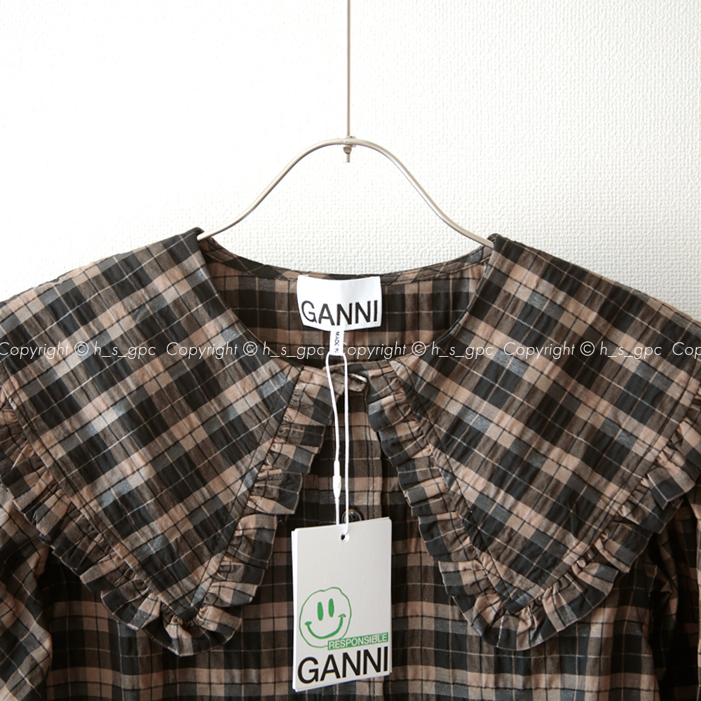 新品 GANNI フリル ビッグカラー チェック パフスリーブ 新品 GANNI フリル ビッグカラー チェック パフスリーブ