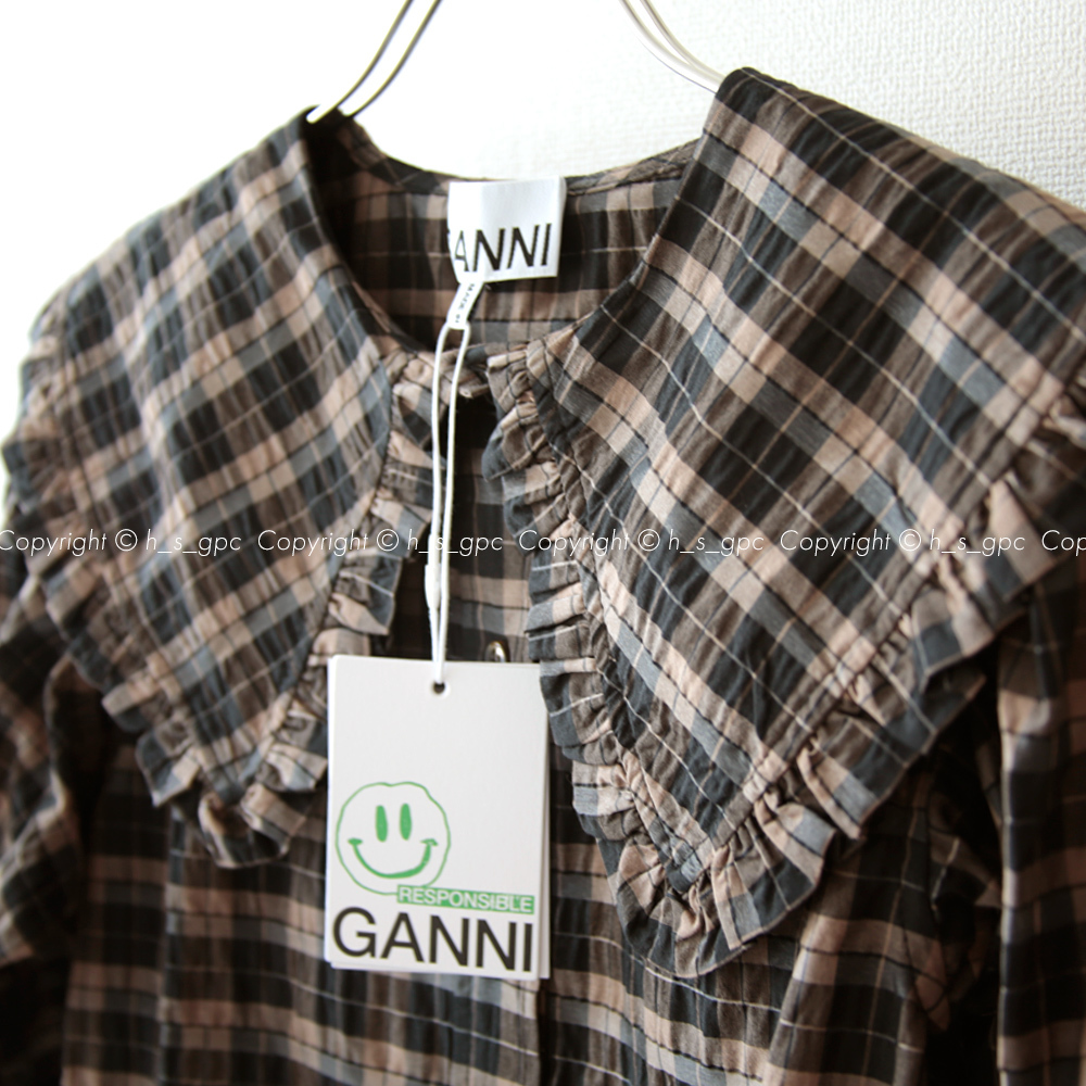 新品 GANNI フリル ビッグカラー チェック パフスリーブ 新品 GANNI フリル ビッグカラー チェック パフスリーブ