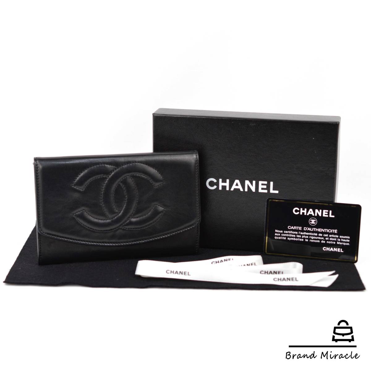 美品】Chanel シャネル キャビアスキン 二つ折り財布 ココマーク 黒