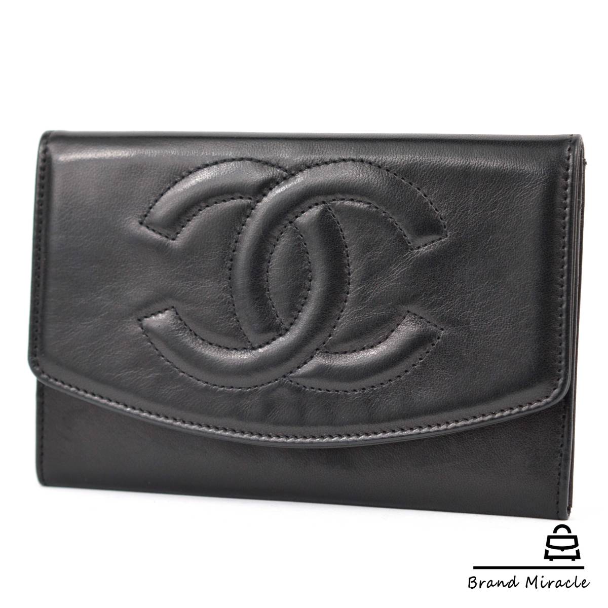 美品】Chanel シャネル キャビアスキン 二つ折り財布 ココマーク 黒