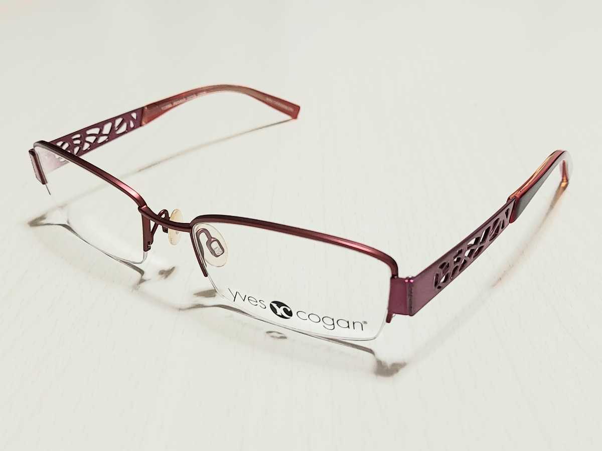 人気商品の 新品　YVES COGAN イヴコーギャン　メガネ　眼鏡　高級感　上品　ハーフリム　スクエア　赤　ピンク ナイロール、ハーフリム