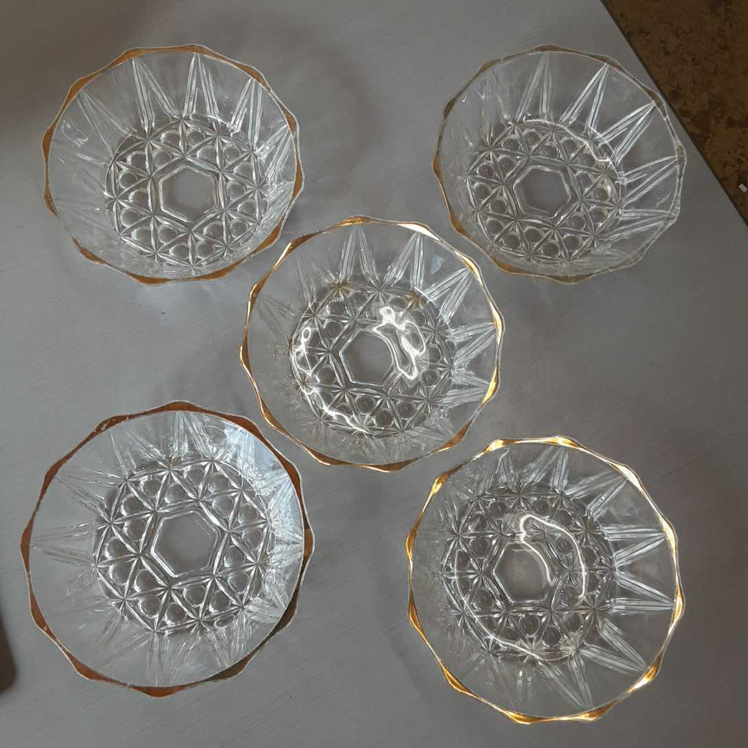 食器1】ガラスプレート 5客セット 皿 小皿 ガラス 金縁 昭和