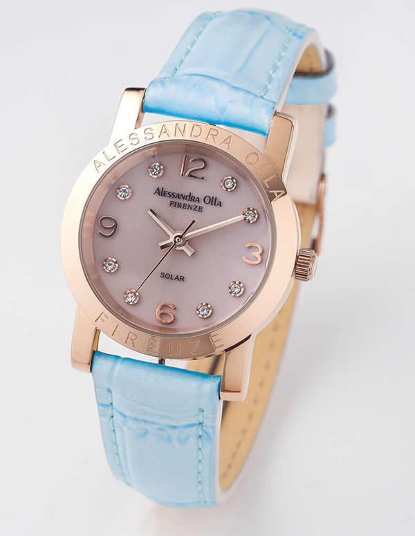 新品 アレサンドラオーラ 腕時計 AO-950 P-BL ソーラー電源 時計 レディース ブルー ピンクフェイス 太陽電池 クオーツ 日常生活防水 