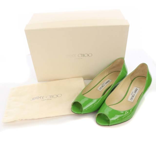 ジミーチュウ JIMMY CHOO パンプス オープントゥ ウェッジソール パテントレザー エナメル 38 25.0cm 緑 グリーン /MF OS レディース