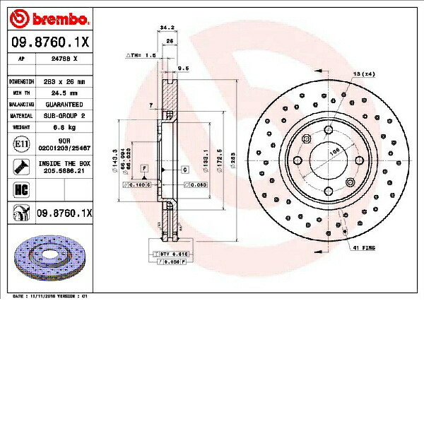 brembo XTRA drilled rotor F for T75FT/T75FX 308( hatchback ) 1.6 TURBO 4A/T*6M/T for 08/6~14/11