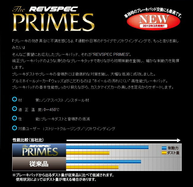 Wedsレブスペックプライム ブレーキパッド前後セット ZCT10オーパｉ/ｉ-Sパッケージ 02/5～05/4_画像3