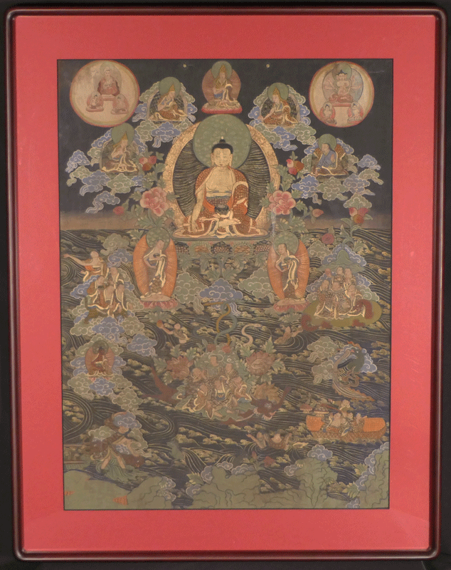 ☆名品【 釈迦如来諸尊像 チベット仏画 (タンカ) 】仏画 曼荼羅 仏教美術 古美術 波兎 骨董 ☆ チベット仏画、タンカ