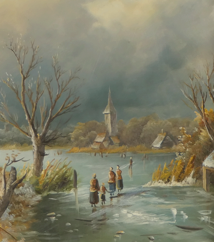 ★名品 オランダ風景画【 風車の見える冬景色 】 オランダ絵画 油彩 油絵 winter landscape 風景画 古美術 波兎 骨董 4