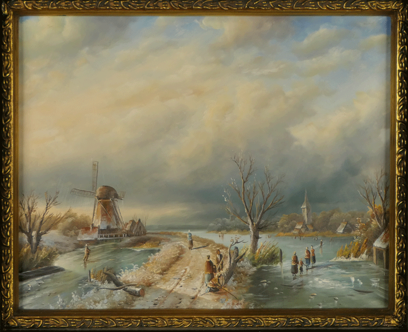 ★名品 オランダ風景画【 風車の見える冬景色 】 オランダ絵画 油彩 油絵 winter landscape 風景画 古美術 波兎 骨董 2