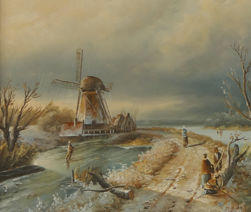 ★名品 オランダ風景画【 風車の見える冬景色 】 オランダ絵画 油彩 油絵 winter landscape 風景画 古美術 波兎 骨董 3