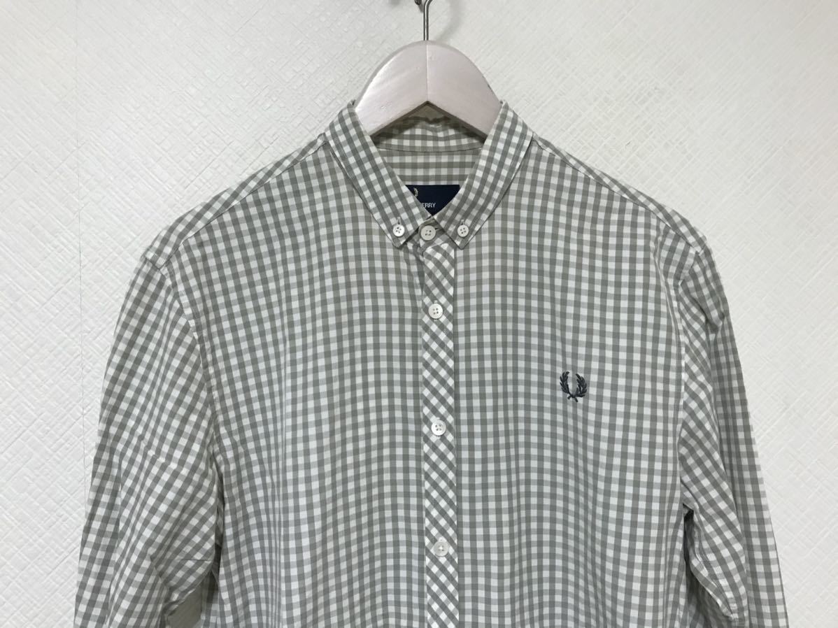 本物フレッドペリーFREDPERRYコットンチェック柄長袖シャツミリタリーアメカジサーフスーツビジネスメンズグリーン緑S_画像2