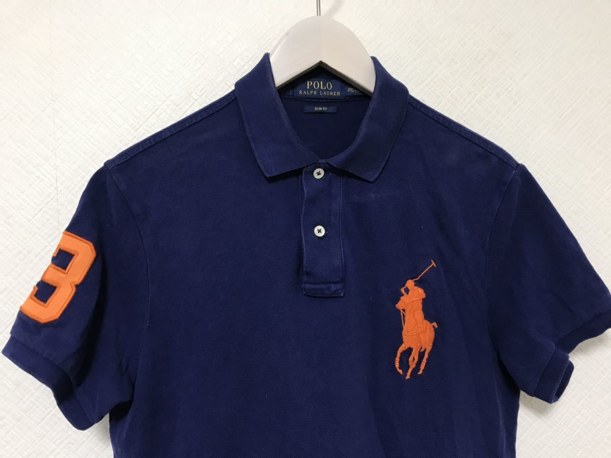 本物ポロラルフローレンPOLO RALPH LAURENコットンビッグポニーワッペン刺繍ナンバリング半袖ポロシャツアメカジサーフメンズS青ゴルフ