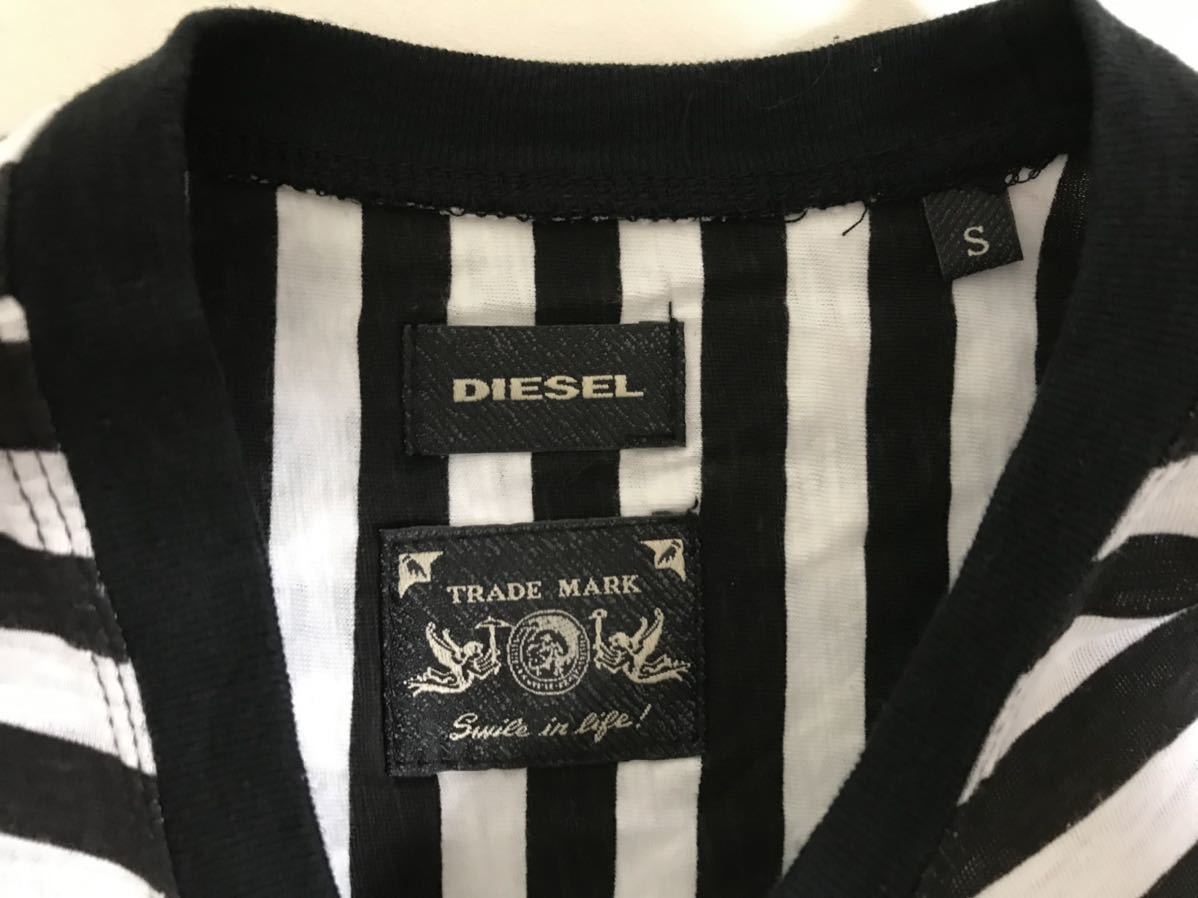 本物ディーゼルDIESELコットンボーダー柄プリント半袖Tシャツビジネススーツサーフアメカジメンズ白ホワイトS_画像4