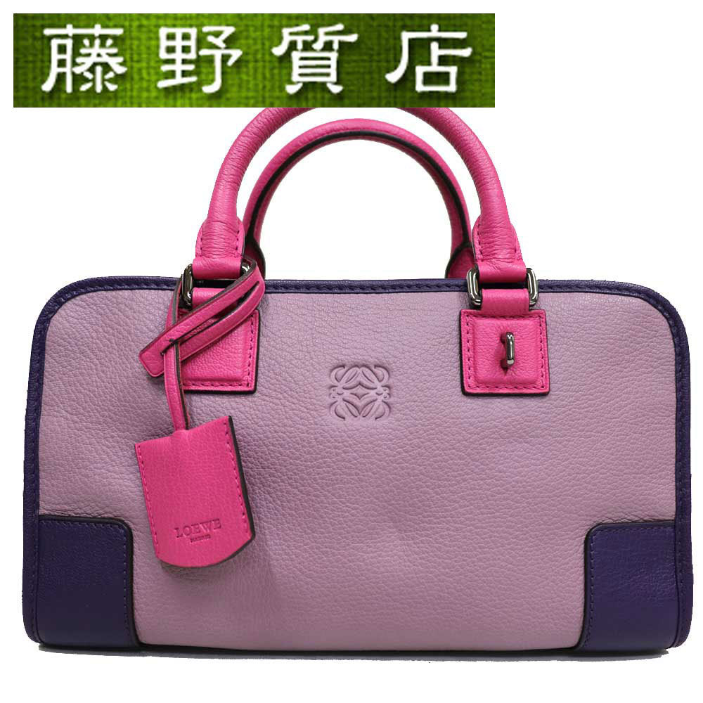 正規店仕入れの アマソナ28 LOEWE (美品）ロエベ ハンドバッグ 8109 03 352.35AA レザー パープル ロゴ ボストン