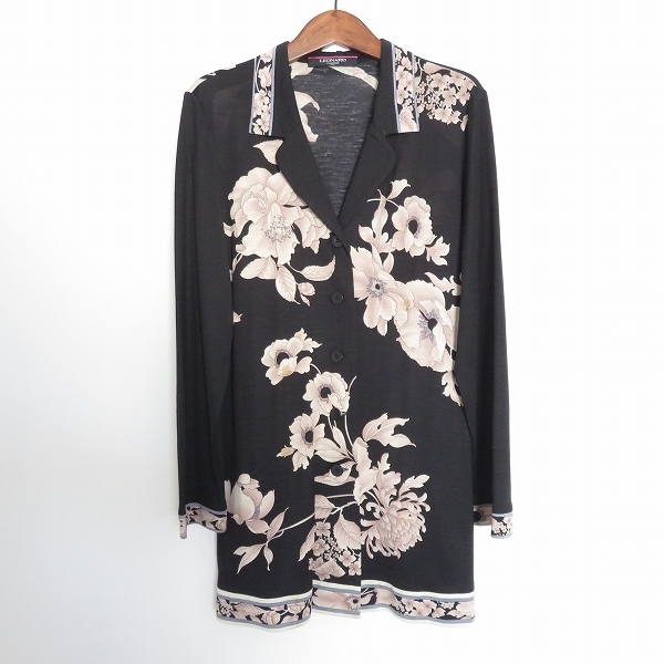 axc レオナール LEONARD ジャケット LL 黒 薄ピンク シルク混 花柄