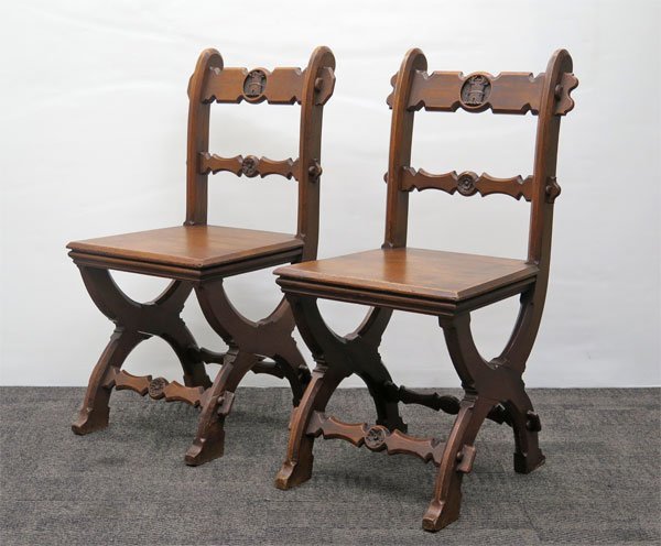 ◎英国アンティーク家具 ヴィクトリアン様式 オーク材 ホールチェア 2脚セット / 彫刻 椅子 家具 イギリス