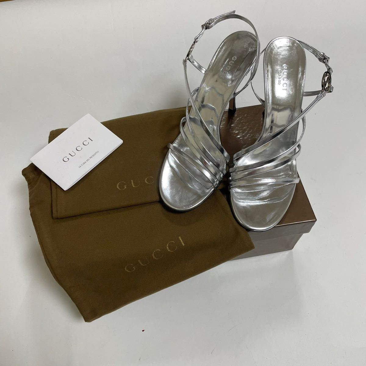 k88 美品 GUCCI グッチ レザー サンダル メタリックシルバー 37