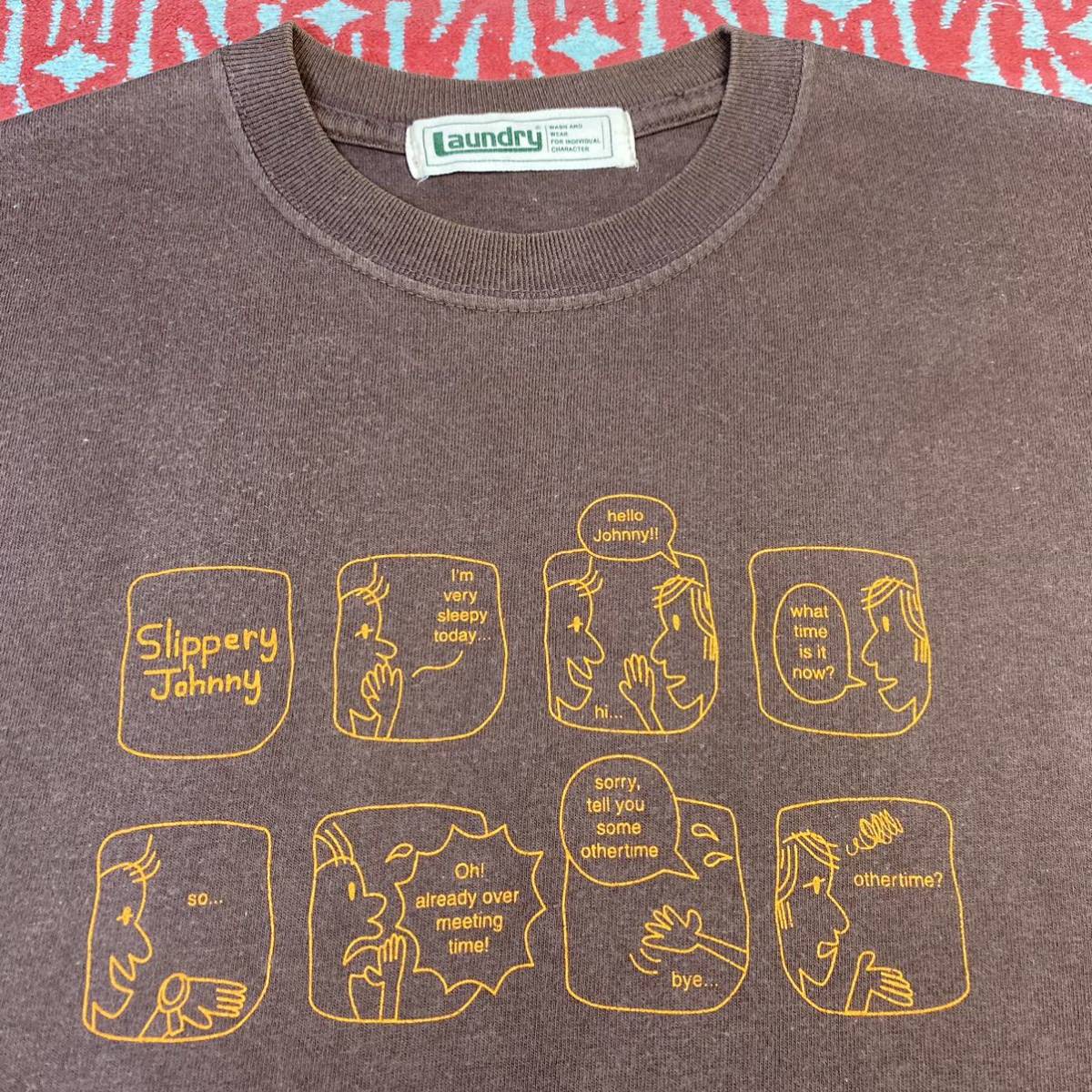 ☆レア00's初期製Old Laundryランドリー☆ワクワクドキドキ☆旧タグLaundry日本製 コミックSlippery Johnny バインダーネック 丸胴TシャツS_裏側補強バインダーNeckノビは観られません