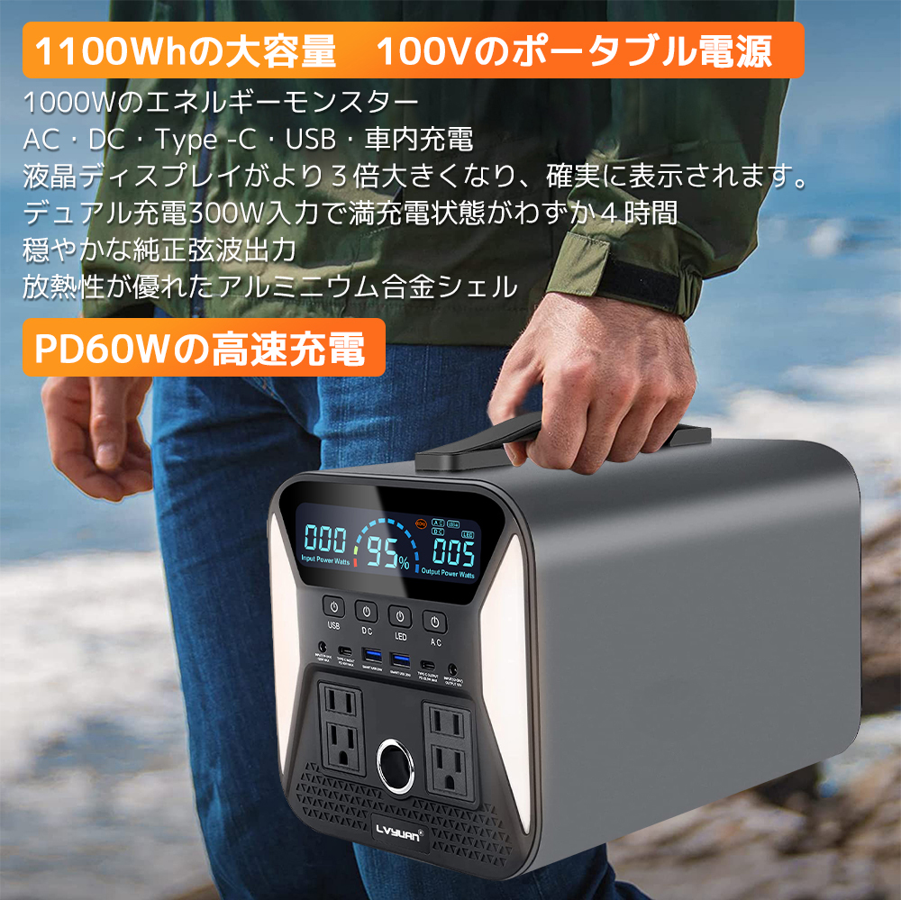 新品 ポータブル電源 1000W 50HZ/60HZ 1101WH/297600Mah 純正弦波 ポータブルバッテリー 大容量 PSE認証済キャンプ 防災 3年保証 LVYUAN_画像7