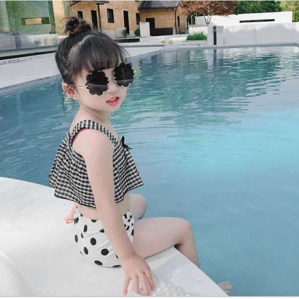  swimsuit 90 girl Kids baby dot check bikini Korea ribbon 