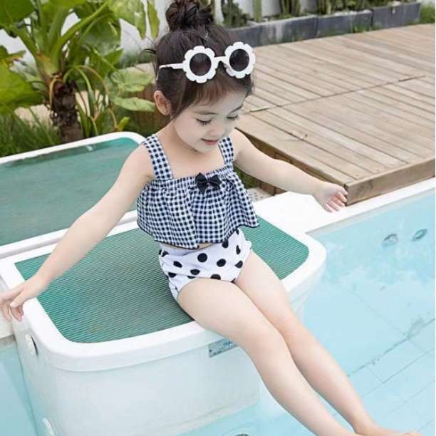  swimsuit 90 girl Kids baby dot check bikini Korea ribbon 