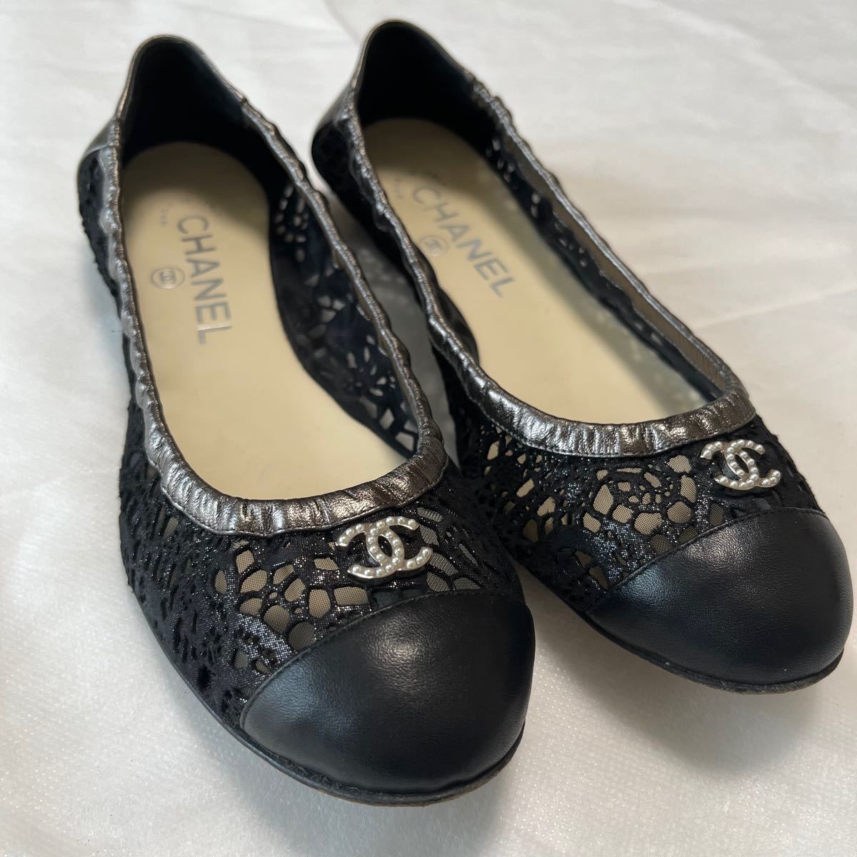CHANEL□パールココマーク□シースルーカットワーク□フラットパンプス
