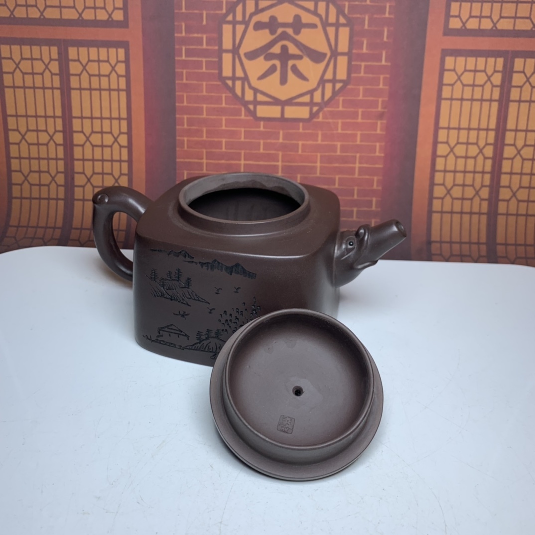 【聚寶齋*紫砂細密彫*四方壺】茶壺 茶道具 茶道聖品 中国時代美術 造型精美 容量：380cc_画像6